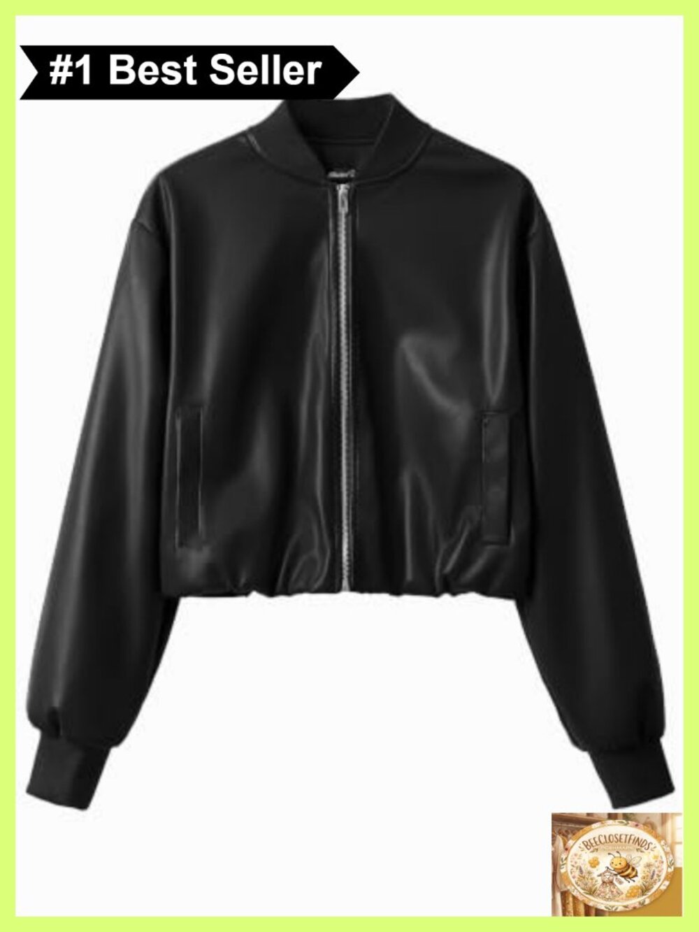 Cropped Faux Leather Zip Up Baseball Jacket with Ribbed Cotton Trim